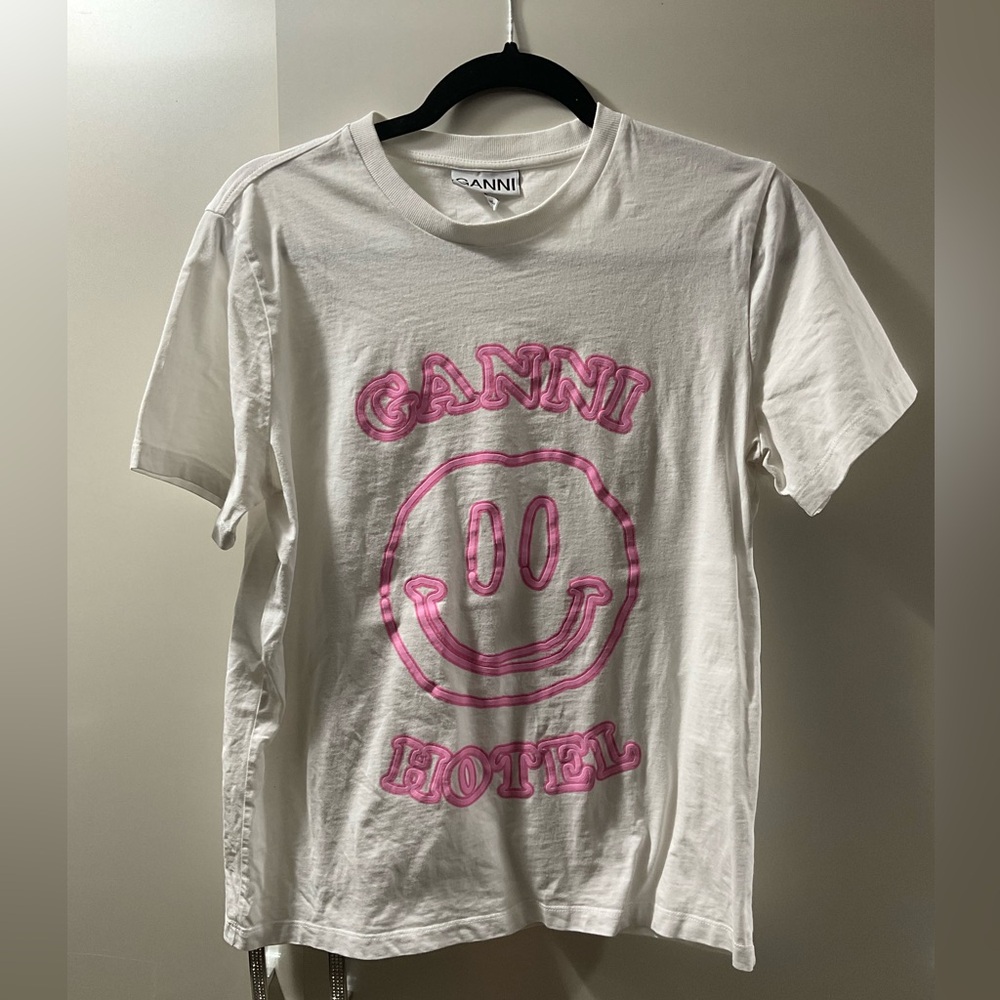 Ganni “Hotel” White Tee with Pink Smiley Graphic